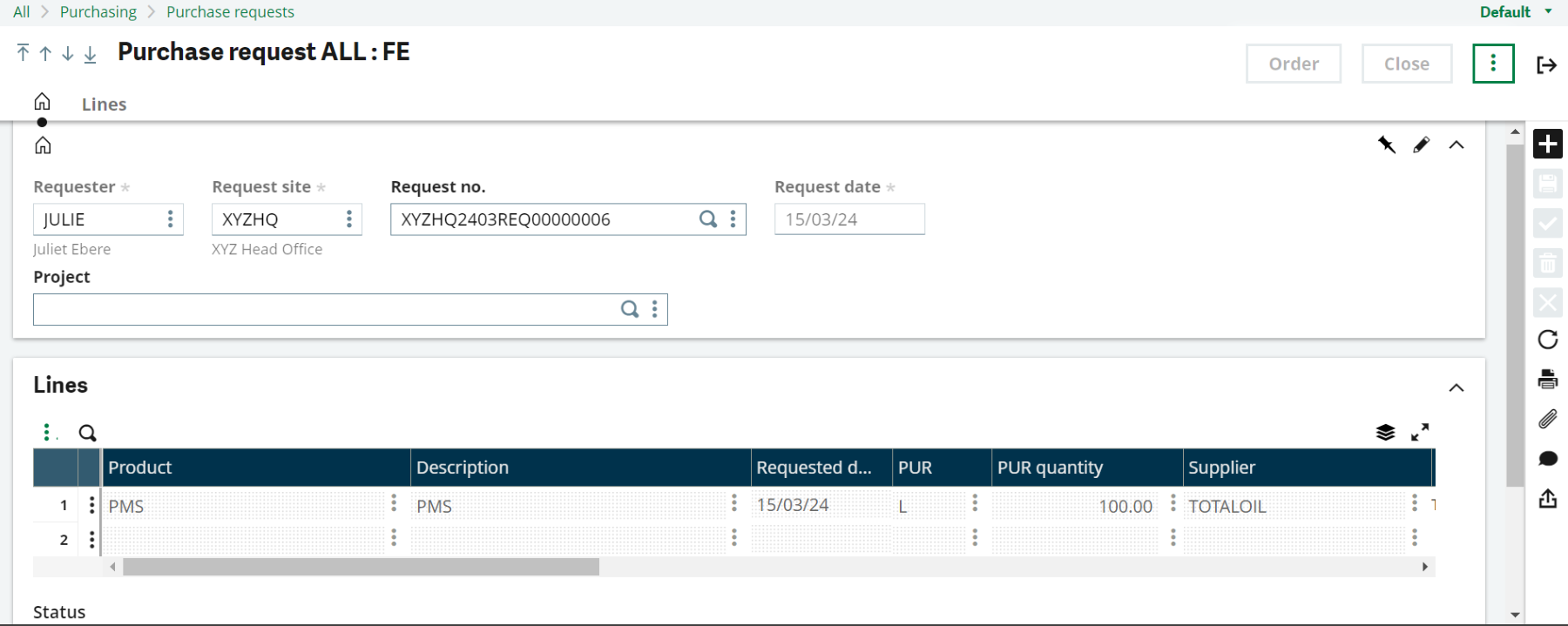 Sage X3 Purchase Requisition