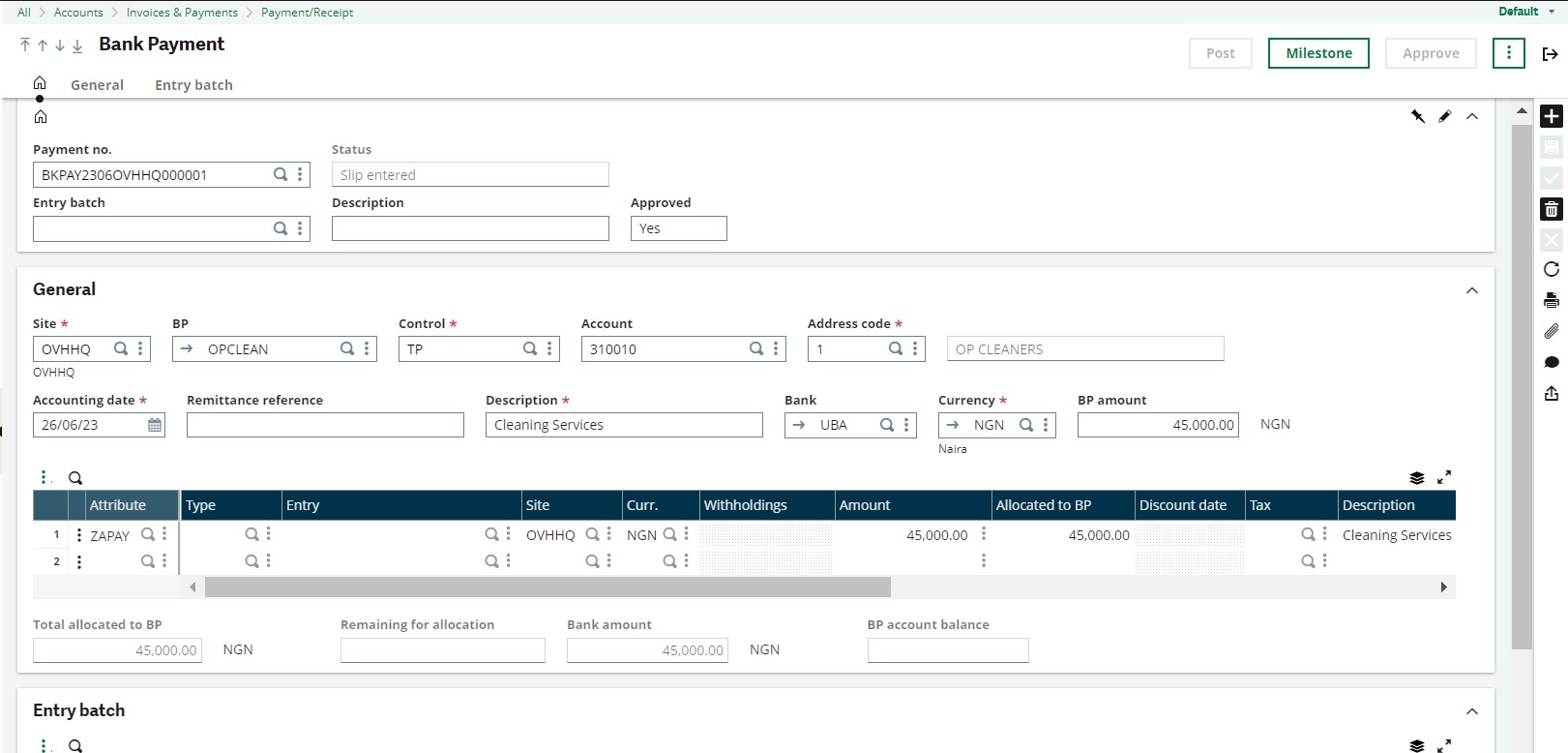 Sage X3 Bank Payments Screen