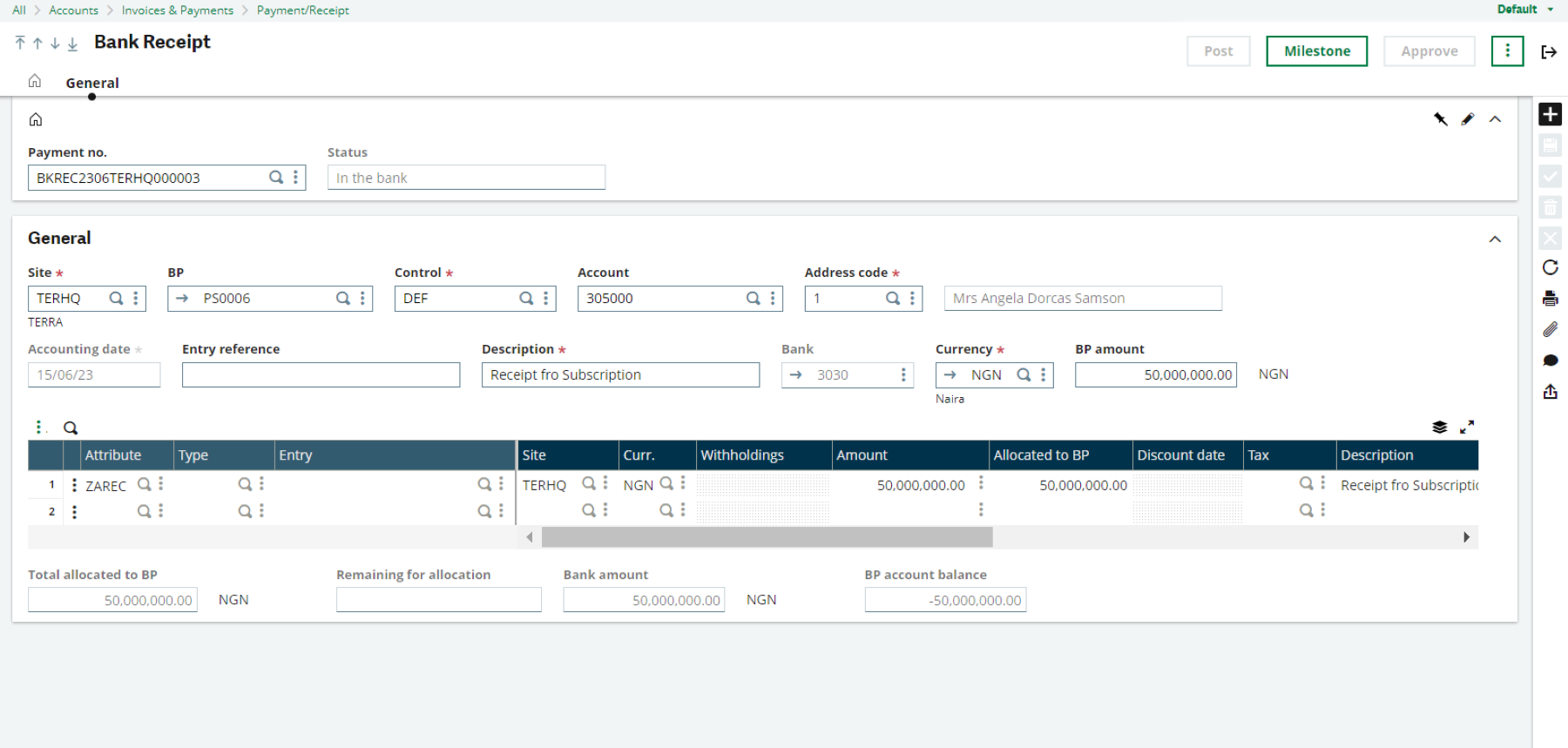 Sage X3 Bank Receipts