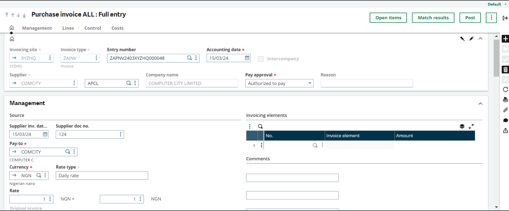 Sage X3 Purchase Invoice