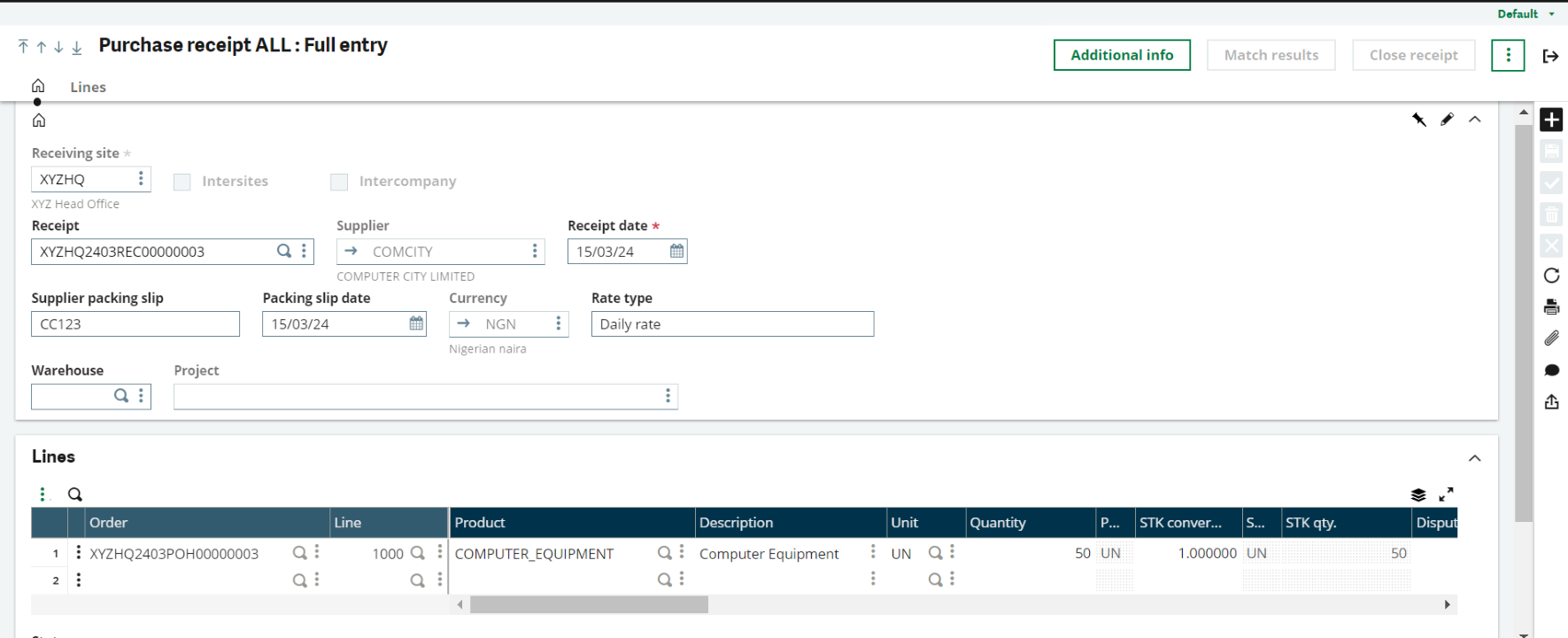 Sage X3 Purchase Receipt